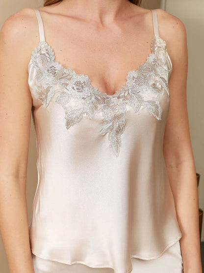 Pure Silk Lace Flower Trim Pajamas Set